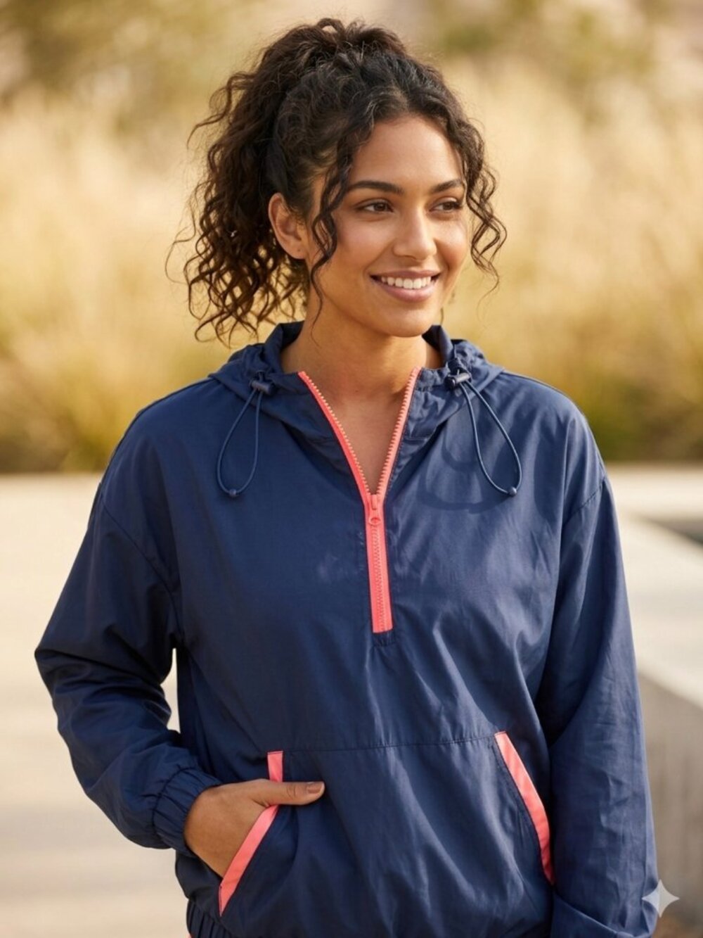 Forever 21 Active Half Zip Pullover Windbreaker Jacket Navy Blue Pink Medium